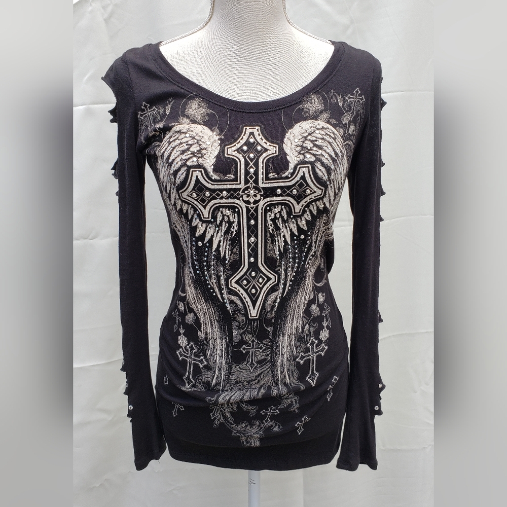 Black Long sleeve top with cutout sleeves and metal studs. Size L
